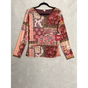 Reba Mixed Graphic Patchwork Top Women's Large Crew Neck Mesh Long Sleeve NEW